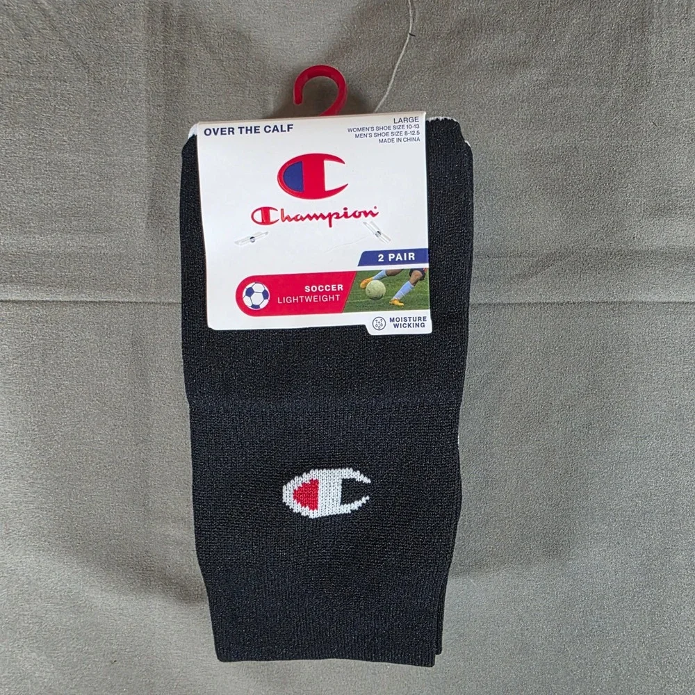 Champion Soccer Socks 2 Pair Over The Calf Black Lightweight Moisture Wicking L